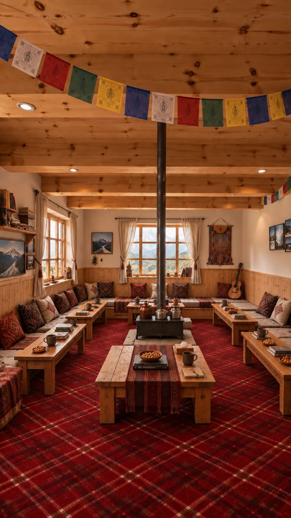 Wood-lined common room with prayer flags and a central stove