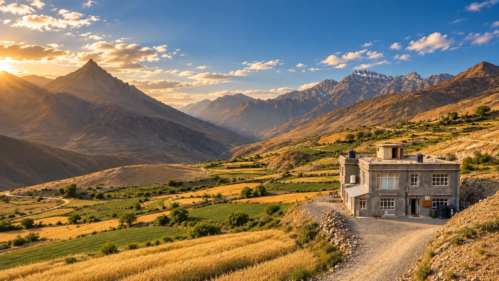 Kibber House among fields and mountains in Spiti Valley
