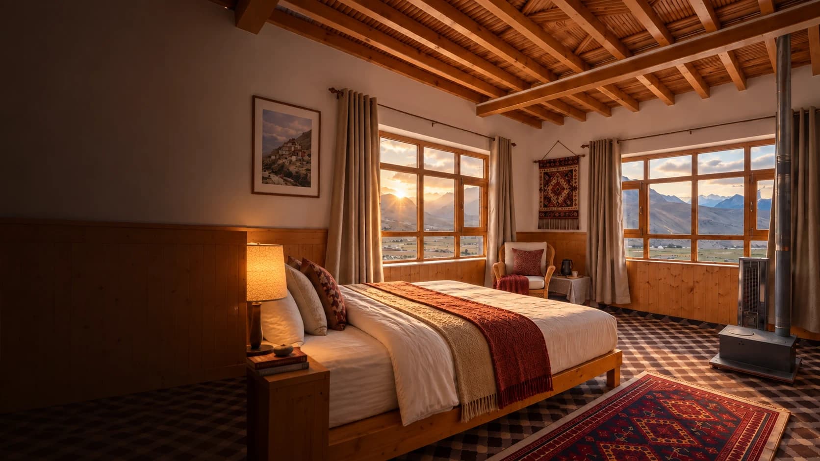 Warm wood-lined bedroom at Kibber House overlooking the mountains
